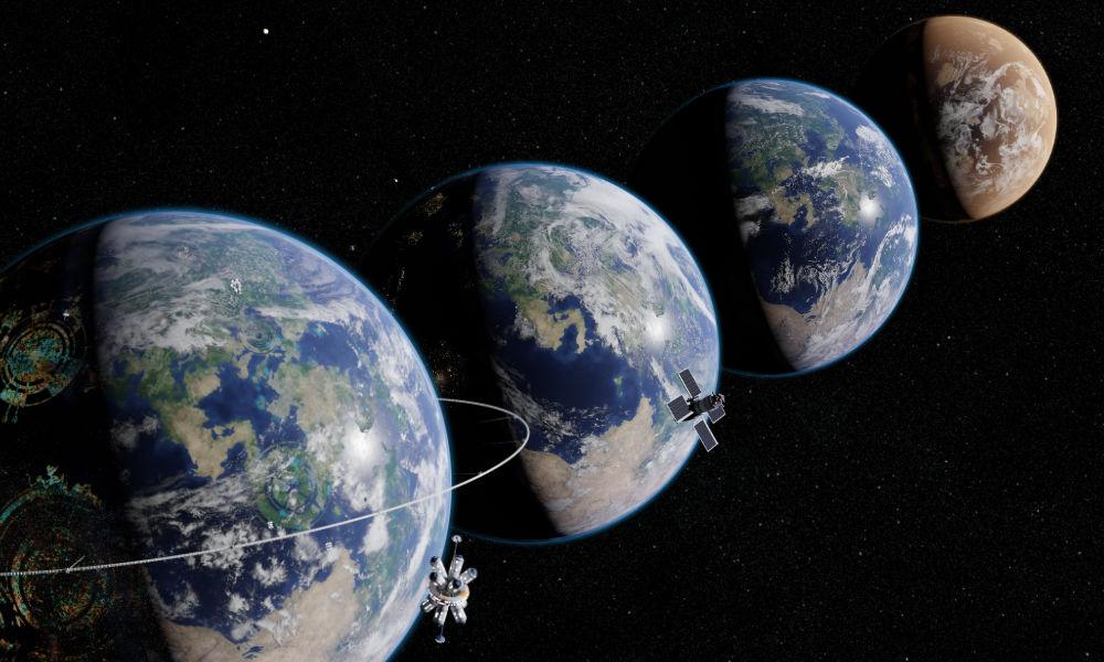 地球的四个版本的照片插图，以显示行星智慧的进化.
