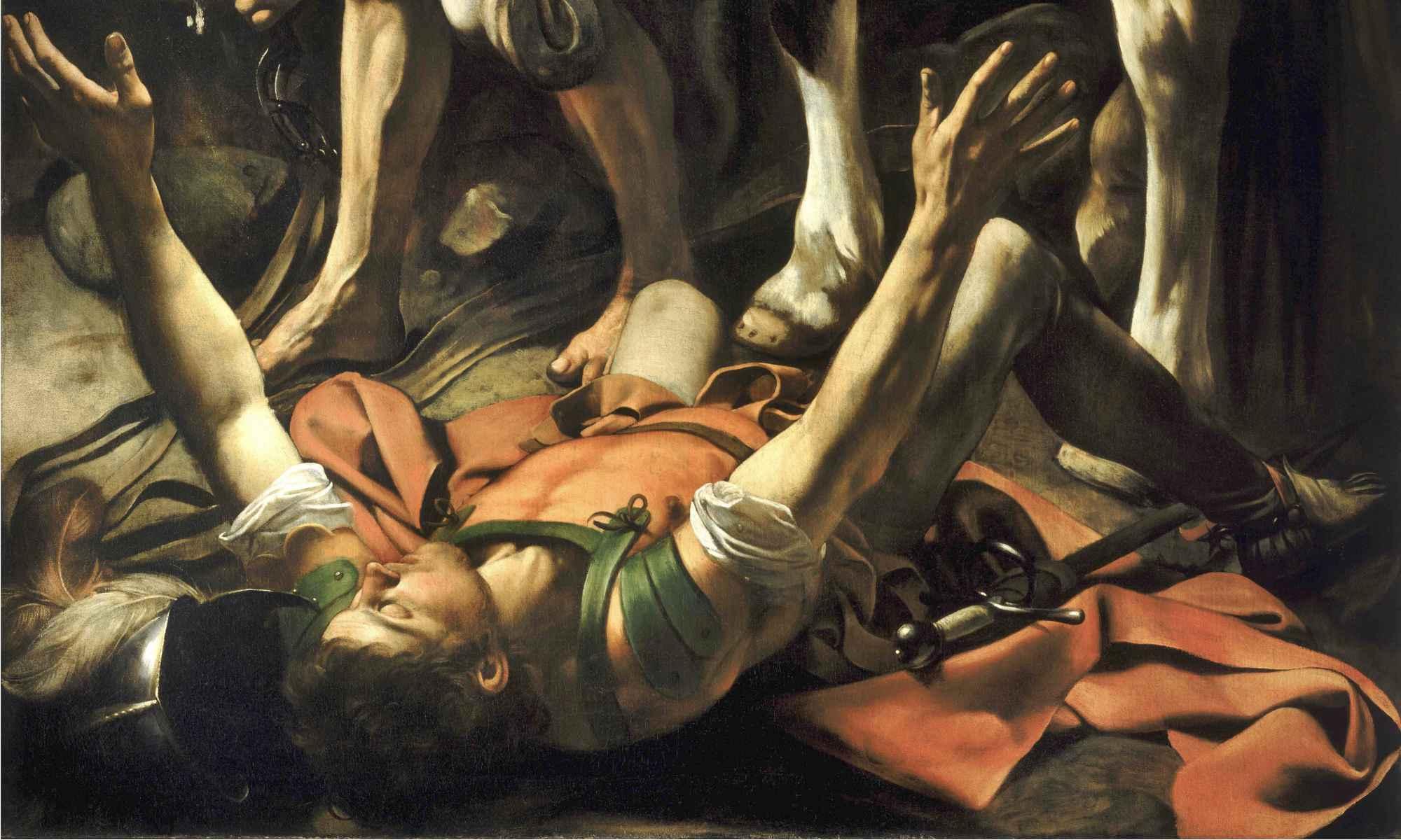 Detail of Caravaggio's "The Conversion of Saint Paul" shows Saul sprawled on the ground beneath a horse's legs, 双目失明，双臂高举. A crop of the painting serves as the cover art for Jennifer Grotz's "Still Falling: Poems."