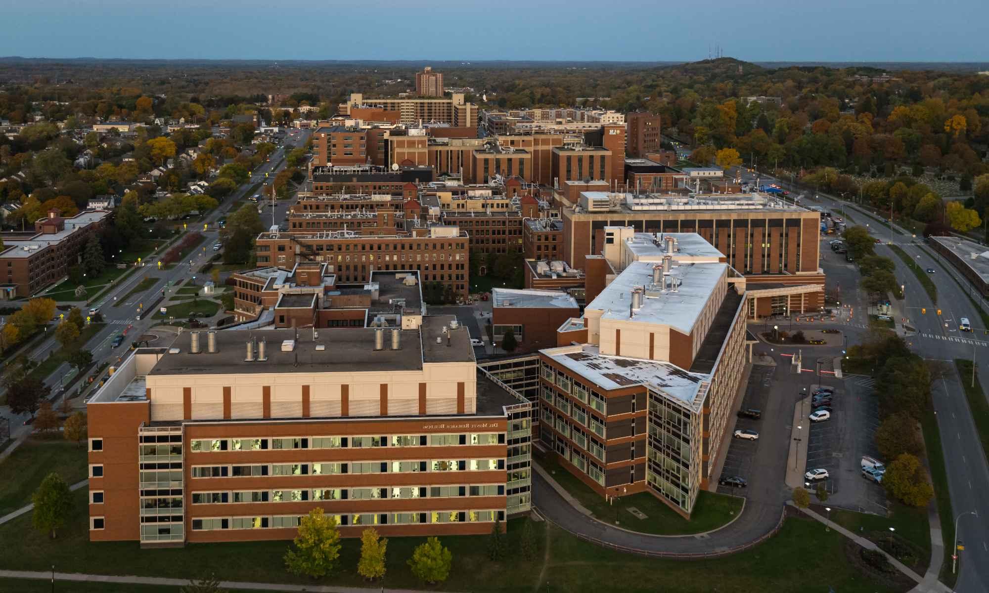 Aerial view of the University of Rochester's Medical Center campus.